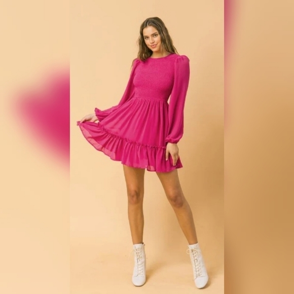 Crewneck Long Sleeve Smocked Ruffle Hem Dress A-Line Flowy Mini Tiered D… - Picture 7 of 10